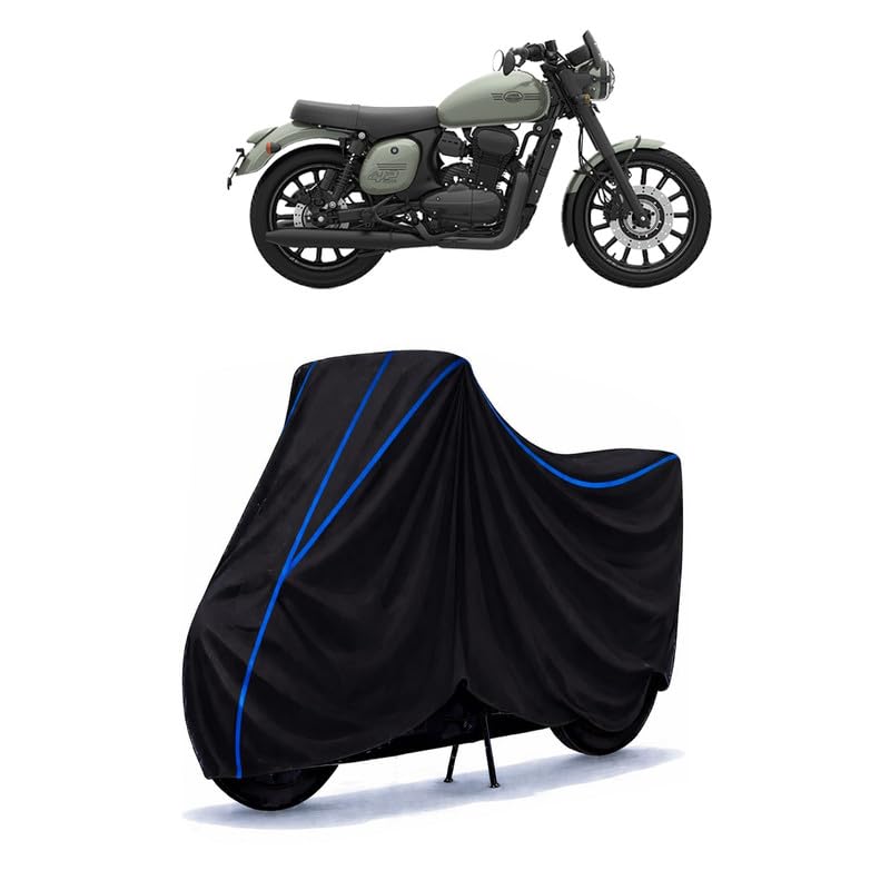 Image of Jawa 42 Bike Cover Water Resistant Universal Motorcycle Rain | Heavy Duty UV Protection, Dust, Scratch Indoor Outdoor All Weather with Black Blue Piping Elastic