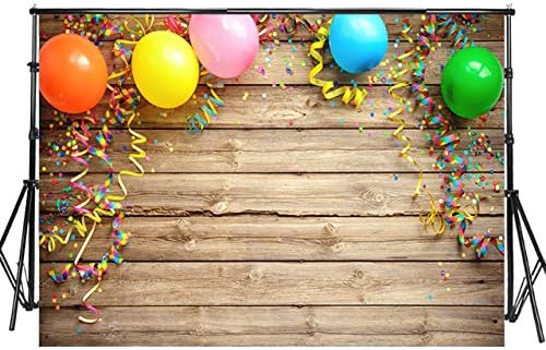 Sensfun 7x5ft Wood Photography Backdrops Colorful Carnival Balloons Streamers on Rustic Wooden Board Photo Background for Happy Birthday Party Cake Table Photobooth Banner Photo Studio Props(WP045)