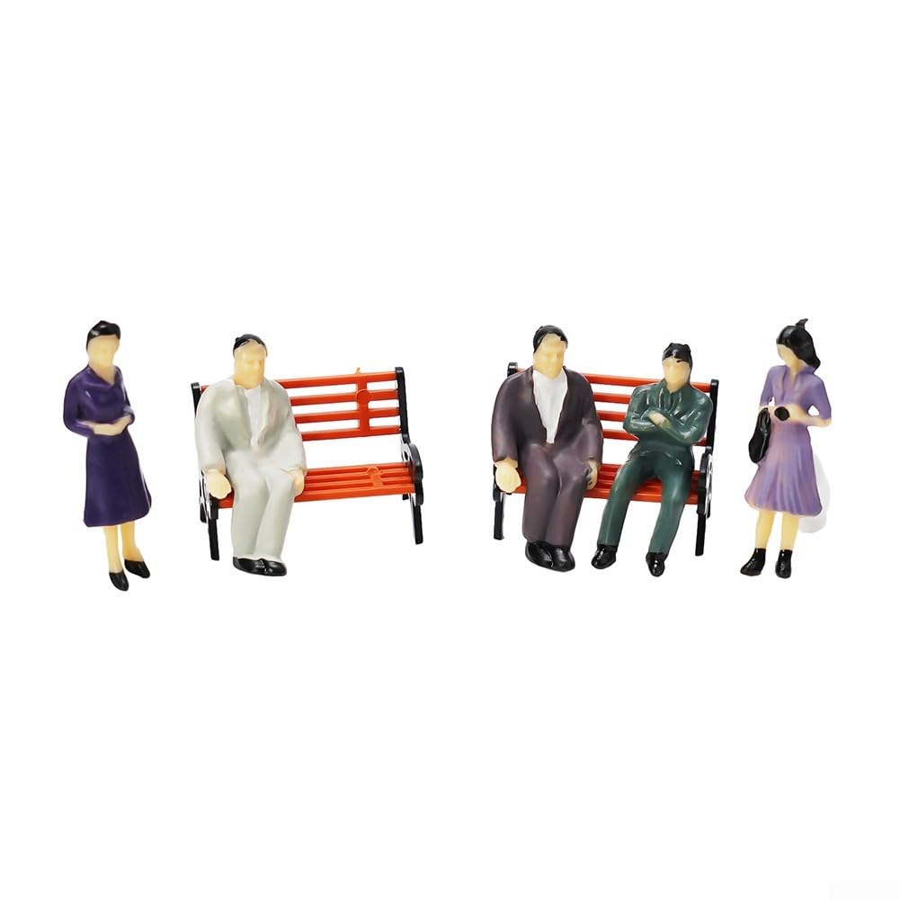 - 1:87 Scale Painted Model People Set with 50 Seated and Standing Passenger Figures plus 8 Model Park Benches for Train Railway Layout and Miniature Street Scene Decoration