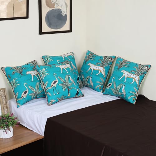 Image of Navy Blue 16x16 inch Cushion Covers Set of 5 Forest Theme Printed Cotton Cushion Covers for Sofa Decorations