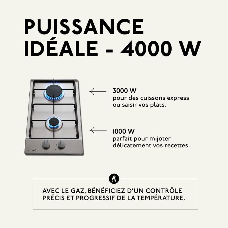 BELDEKO Plaque Gaz 2 Feux Domino 30 cm 4000W Inox - Marque Française