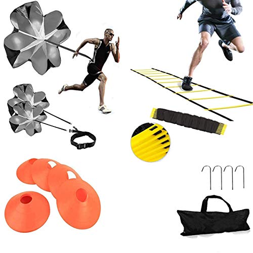 Speed Agility Training Kit  Includes 20 Feet 12 Adjustable Rungs Fitness Speed Training Equipment, 1 Speed Agility Carry Bags, Resistance Parachute,5 Cones, 4 Stakes, Basketball, Soccer, Football