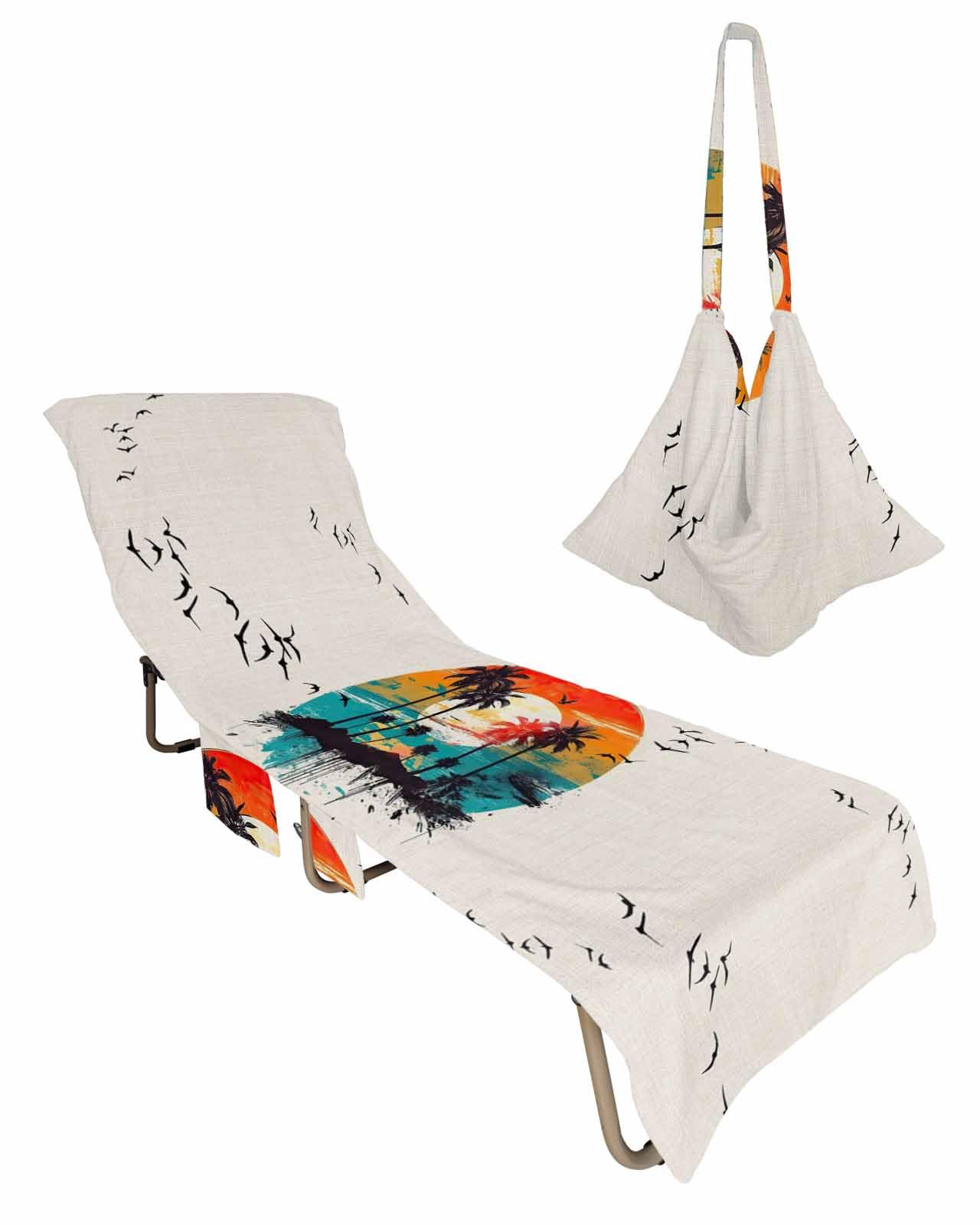 Summer Island Beach Lounge Chair Towel Cover, Soft Chaise Lounge Towel with Side Pockets Patio Pool Chairs Cover for Beach/Pool Sunbathing 29x85 Rustic Tropical Palm Tree Red Orange Teal