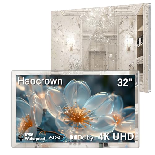 Haocrown 32 4K Ultra HD Smart Bathroom Mirror TV IP66 Waterproof Android 13 OS Built-in Voice Assistant (Remote with Mic) ATSC Tuner 500 cd/ High Brightness (Silver Frame 2026 Model)