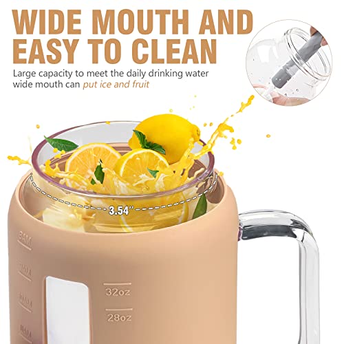 Kodrine 32 Oz Mug Tumbler, Glass Tumbler With Handle, Tumbler With Lid And Straw, Water Bottle Jug With Handle, Wide Mouth Water Tumbler Cups For Camping, Travel, Dishwasher Safe Bpa Free, Amber #TOP4