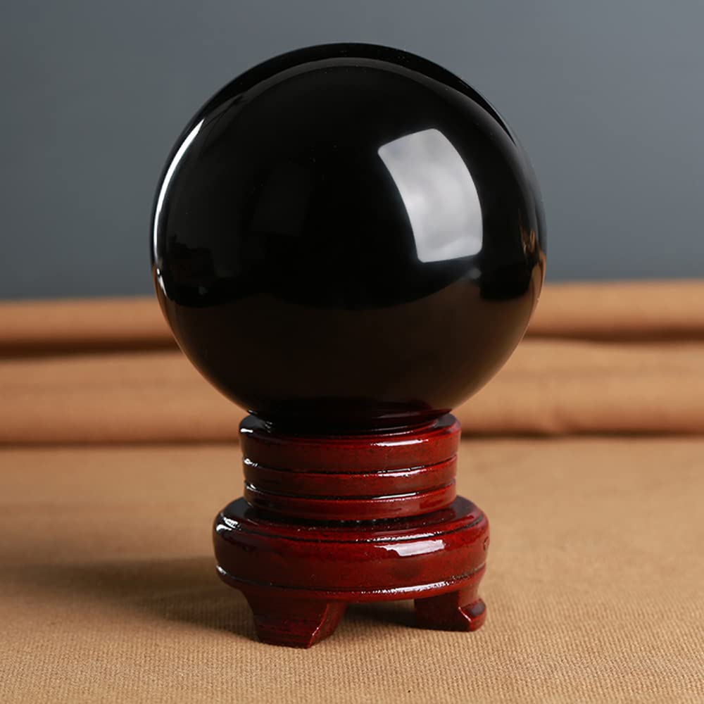 Loverain Small Black Obsidian Crystal Ball Sphere with Decorative Wooden Stand for Meditation, Healing, Feng Shui (60mm / 2.36 in)