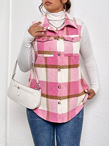 Makemechic Women's Plus Size Plaid Vest Coat Button Down Pocket Sleeveless Outerwear Jacket Pink 0Xl #TOP5