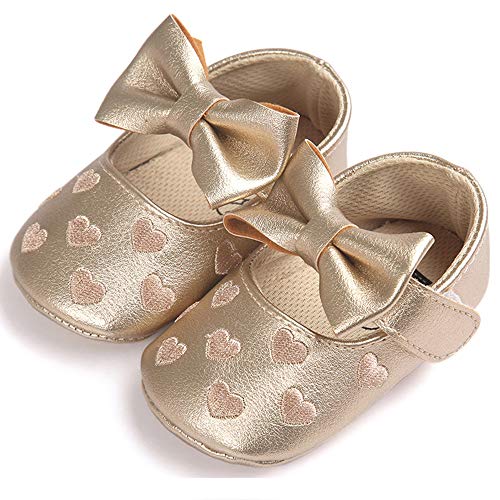 KISSOURBABY Baby Girls Mary Jane Flats with Bowknot Non-Slip Toddler First Walkers Princess Dress Shoes 12-18months(Gold13cm)