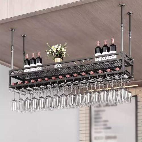 Porte-verres à vin de plafond réglable en métal noir pour cuisine