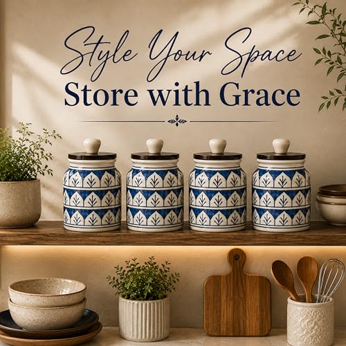 Image of Ceramic Kitchen Jars for Storage | Air Tight Containers with Wooden Lids | Masala, Salt, Pickle, Dry Fruits & Multi Utility Item Organiser Set (Hand-Painted, Blue Mughal, 450 ML, Pack of 4)