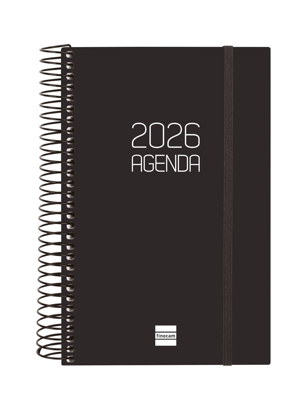 Finocam - Spiral Agenda 2026 1 Day Page | January - December (12 months) | 2026 Yearly Planner with Rubber | Opaque Spiral Polypropylene Cover - Black - Spanish