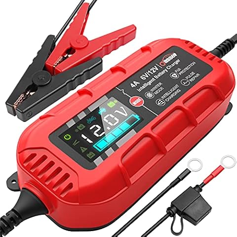Oasser Car Battery Charger, 6V/12V 4Amp Fully-Automatic Smart Charger 11-Stages Charging IP65 Waterproof and Dustproof Battery Maintainer, Trickle Charger and Battery Desulfator(Red) Cover