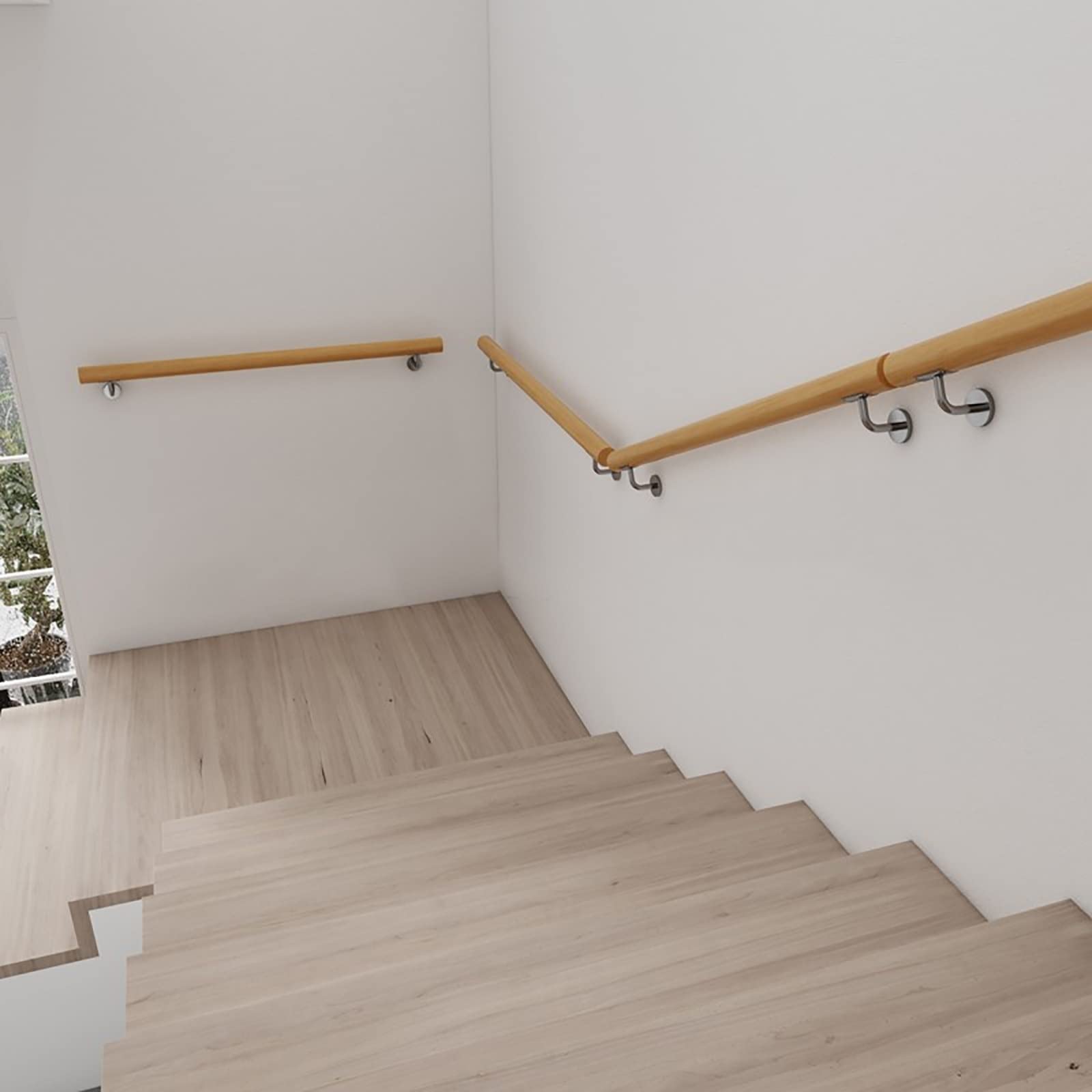 1m / 2m / 3m / 4m / 5m / 6m Mains Courantes en Bois pour Escaliers Intérieurs, Main Courante d'Escalier Antidérapante pour Personnes Âgées, Barre d'Appui Murale pour Rail de Rampe avec Suppo