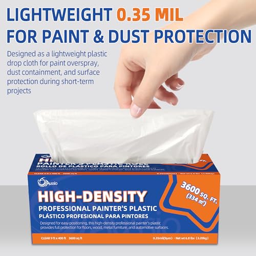 Image of High-Density Plastic Sheeting Roll 9 ft x 400 ft, 0.35 Mil Clear Painter's Plastic Drop Cloth for Paint Overspray, Dust & Renovation Protection - Floor, Furniture & Window Cover