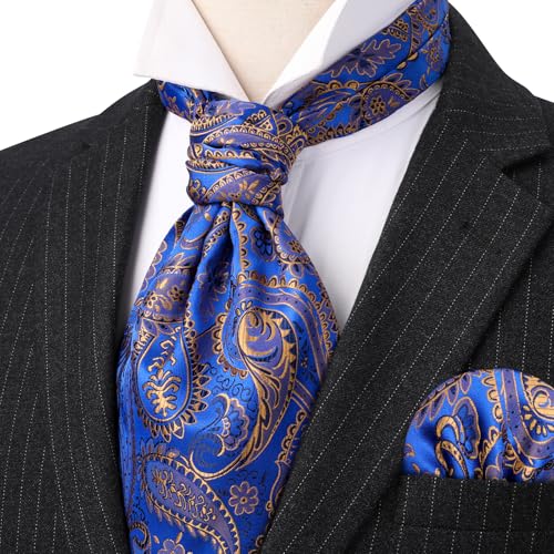 Image of HISDERN Ascot Ties for Men Paisley Floral Ascot and Pocket Square Set Classic Self Tie Mens Cravat Handkerchief for Wedding