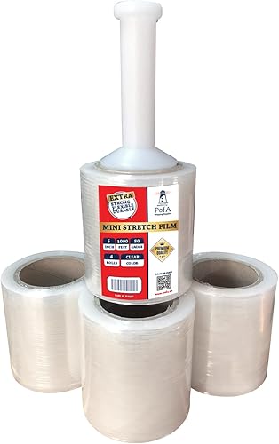 Miniatura 2 de PofA Mini rollo de película elástica, transparente, 5 pulgadas x 1000 pies x 80 (20 micrones), 4 rollos con dispensador de mango de plástico,
