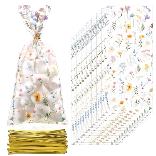Sweetude 100 Pcs Wildflower Party Cellophane Treat Bags Floral Candy Plastic Clear Goody Bags Flat Bottom Gift supplies for Baby Shower Bridal Shower Birthday Wedding Party Favors,11 x 5