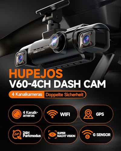 360° Dashcam Auto Vorne Hinten 4 Kanal Dash Cam Auto Kamera FHD 1080Px4,4×150° Weitwinkel,WDR-Nachtsicht (8 IR-LEDs), 3,18" IPS Display, G-Sensor,WiFi GPS,24/7 Parkmodus, 64GB SD-Karte – Bild 3