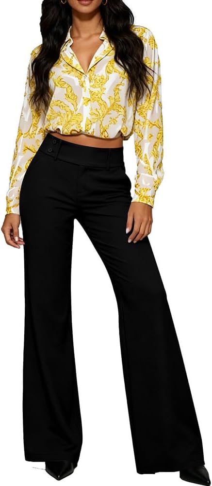 HBQ Women's High Waisted Wide Leg Dress Pants Stretchy Work Office Casual Trousers with Pockets
