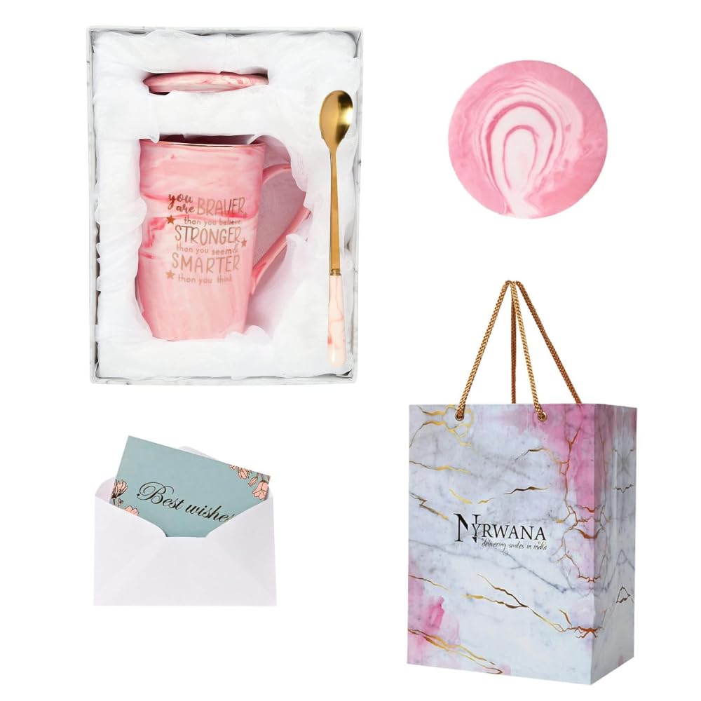 NYRWANA Coffee Mug, Gift for Woman, Birthday Present for Girlfriend, Mugs for Present, Present Items for Women, Cute Mugs with Spoon, Box & Bag (400ml-Pink)