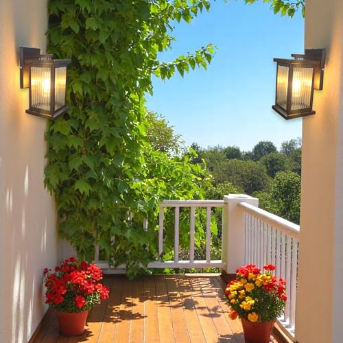 Image of GreyWings Classic Outdoor Wall Light for Home, Brown Metal Frame with Ribbed Glass, E27 Big Threaded Holder, Wall Lamp, Pack of 2