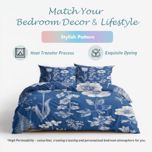 Housse de couette 200x200 en microfibre douce bleue et imprimé botanique - 6