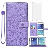 Compatible with Samsung Galaxy J7 Case (2015 Version)，J7 Neo Wallet Case，SM-J700 Phone Cases with Tempered Glass Screen Protector Leather Slim Flip Cover Card Holder Stand Accessories Women Purple