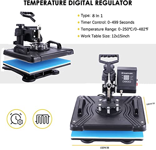 Dreamvan Pro 8 In 1 Heat Press Machine Combo T Shirt Pressing Machine 15X12Multifunctional 360°Rotation Swing Printing Sublimation Heat Press Transfer Machine For T-Shirt Hat Cap Mug Plate #TOP6