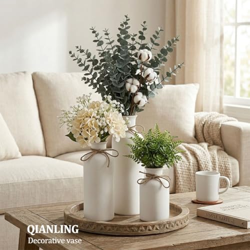 Image of White Ceramic Vase Set - 3 Small Vases, Minimalist Decor Boho Vases, Modern Farmhouse Home Decor Accents, Living Room Centerpieces for Home Decor Room,Entryway, Bookshelf, Mantel, Shelf Decor