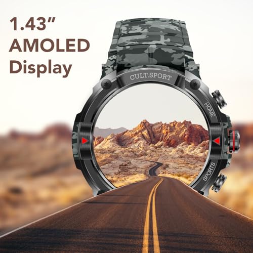 Image of CULTSPORT Cult Ranger Xr 1.43 inch AMOLED Outdoor Rugged Smartwatch For Men,850 Nits,Always On Display,Bluetooth Calling, 420Mah Battery,Sports Recognition, Health Tracking, Round Digital Watch,Camo Green