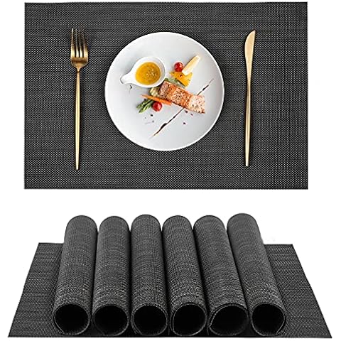 Newthinking PVC Placemats, Non-slip Woven Table Mats Set of 8, Reusable Stain-resistant Washable Dinner Mats for Kitchen and Dining Room(Black, 45x30CM) Cover