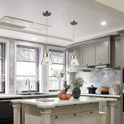 Modern Glass Pendant Light With Handblown Clear Seeded Glass Shade, One-Light Adjustable Industrial Mini Pendant Lighting Fixture For Kitchen Island Cafe Bar, Brushed Nickel #TOP1