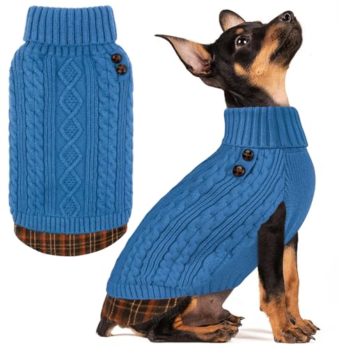 Image of KYEESE Dog Sweater for Small Dogs Turtleneck Thick Knit Pullover | Stretchy Fit, Lightweight & Warm, Cozy Knit Comfort, Classic Plaid Design, Gentle on Sensitive Skin, Winter Daily Wear