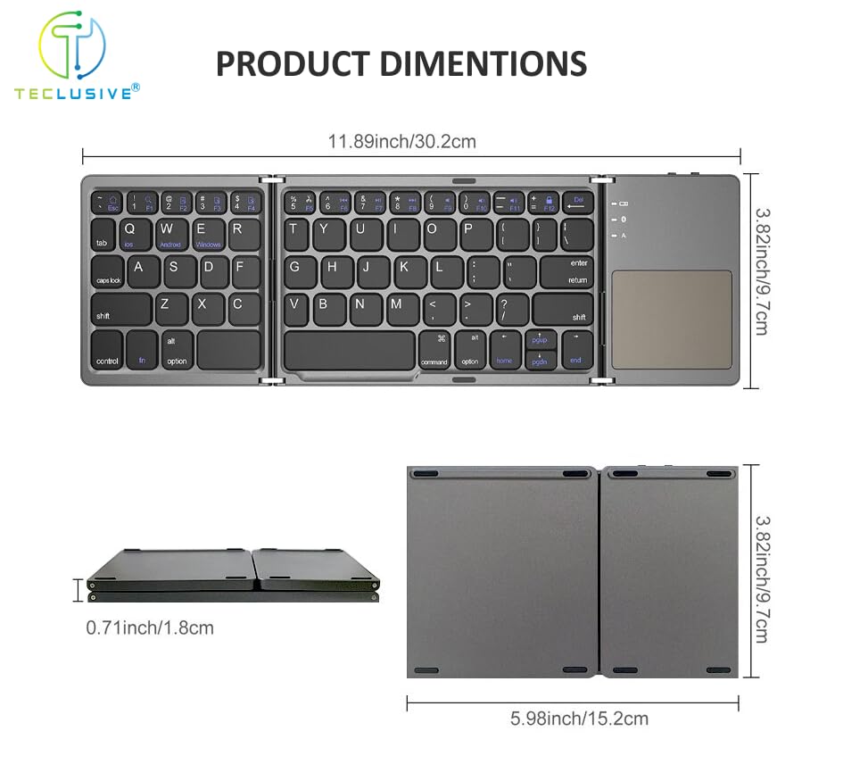 T TECLUSIVE Slim Foldable Wireless Bluetooth Keyboard with Integrated Touchpad | Folding Rechargeable Keyboard with Trackpad | Compatible for... - Image 6