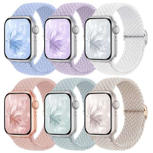 Image of 6 Pack Braided Stretchy Bands Compatible with Apple Watch Band 38mm 40mm 41mm 42mm 44mm 45mm 46mm 49mm Women Men, Adjustable Nylon Solo Loop Elastic Straps for iWatch Series 11 10 9 8 7 6 5 4 SE Ultra