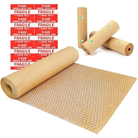 Neekor Honeycomb Cushioning Wrap Roll Packaging Paper,380mm x 53m Protective Honeycomb Wrap Roll Perforated Packing Roll with Fragile Tags for Moving House Shipping Breakables Cover