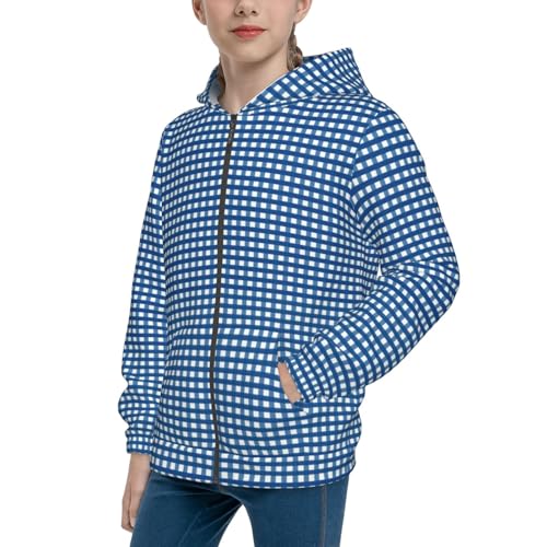 Blue Gingham Kids Pullover Hoodies Boys Zip Up Sweatshirts Girls Athletic Clothes with Pocket