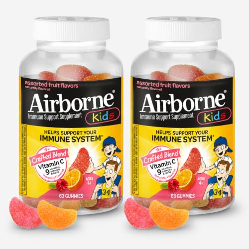 Image of Airborne 500mg Vitamin C + Zinc Immune Support Supplement Gummies for Kids, Assorted Fruit Flavor, Gluten Free Crafted Blend with Powerful Antioxidants Vitamins C & E, 63 Gummies (2 Pack)