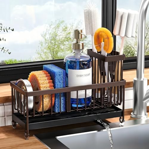 Image of Cisily Brown Sponge Holder for Kitchen Sink, Sink Caddy Organizer with High Brush Holder, Kitchen Countertop Organizers and Storage Essentials, Rustproof 304 Stainless Steel, Soap Dispenser Organize