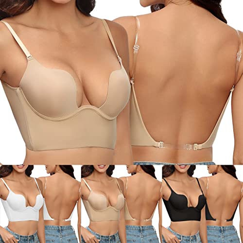 Générique Soutien-Gorge Pigeonnant pour Femmes, Deep-V Plunge Soutien-Gorge Dos Nu réglable avec Bretelles Transparentes, Soutien-Gorge Convertible pour Grandes Tailles