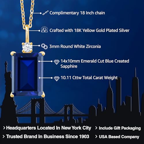 Gem Stone King 18K Yellow Gold Plated Silver Blue Created Sapphire Pendant Necklace For Women (10.11 Cttw, Emerald Cut 14X10MM, with 18 Inch Chain)2