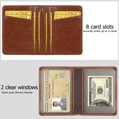 Image of Unaone Slim Minimalist Wallet - Premium Leather Card Holder RFID Blocking Card Case with 8 Card Slots and 2 ID Window, Crackle Brown