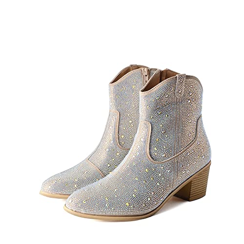 keleimusi Women Western Cowgirl Rhinestone Ankle Boots Pointed Toe Glitter Chunky Heel Sparkly Shoes4