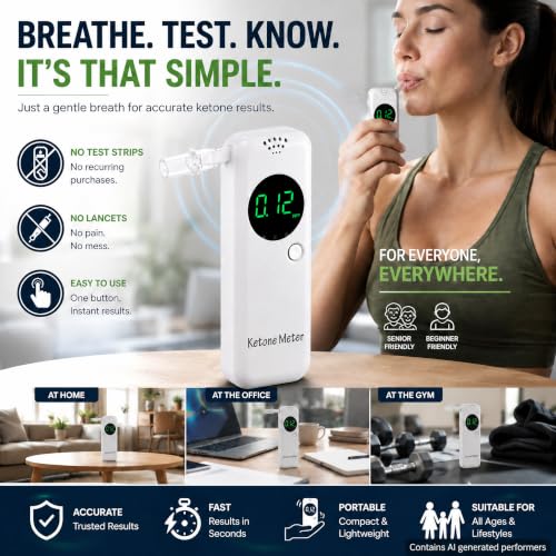 Tragbarer Ketone Atemtester, Digitales Ketone Atemmessgerät, Ketose-Atemtester zur Ermittlung des Ketonstatus, mit 10 Austauschbaren Mundstücken