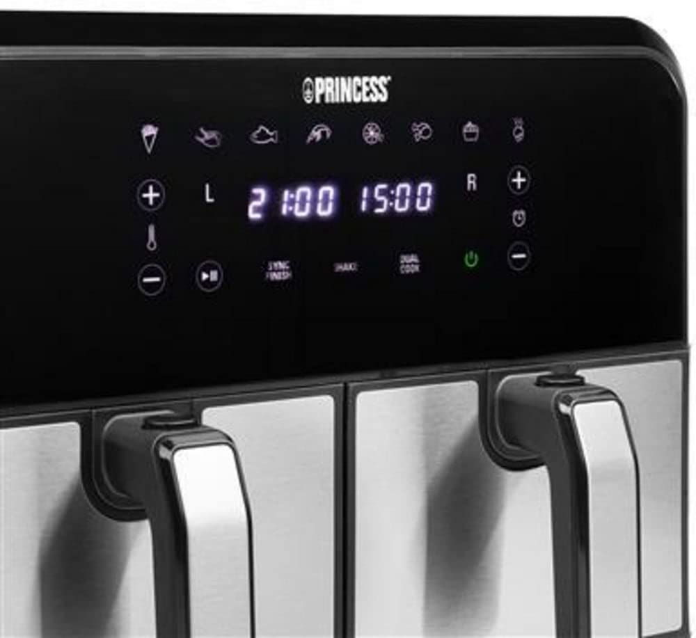 Princess Double Hot Air Fryer 2x4 L, Dual Airfryer 8 L with 8 Programs, Independent Temperature Control, Up to 62.2% Energy Saving, 200°C, 182074
