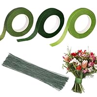 Floristik Kreppband,3-Teiliges Set Floristenband mit 100 Pcs Blumendraht Grün,Floristenkrepp,Self-Adhesive Floral Tape,Geschenkverpackungen und DIY Bastelarbeiten(27m/Rolle)