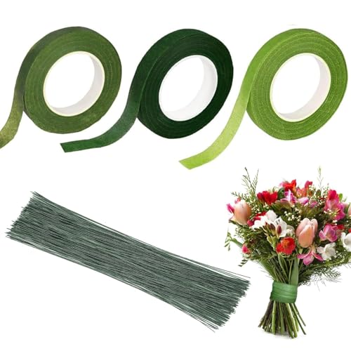 Floristik Kreppband,3-Teiliges Set Floristenband mit 100 Pcs Blumendraht Grün,Floristenkrepp,Self-Adhesive Floral Tape,Geschenkverpackungen und DIY Bastelarbeiten(27m/Rolle)