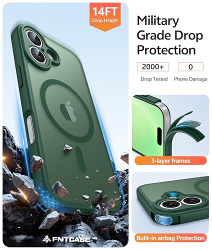 Image of FNTCASE for iPhone 16 Case: [Compatible with Magsafe] Translucent Matte Cases with [Full Camera Protection] [Screen Protector] Military Grade Shockproof Protective Phone Cover - Green