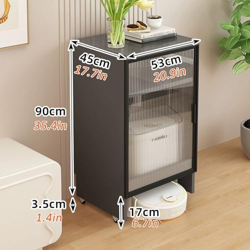 Robot Vacuum Storage Cabinet with Glass Door, Rolling Sweeping Robot Rack, Hidden Vacuum Stand for Living Room, Floor Aquarium Stand - Stylish White Design