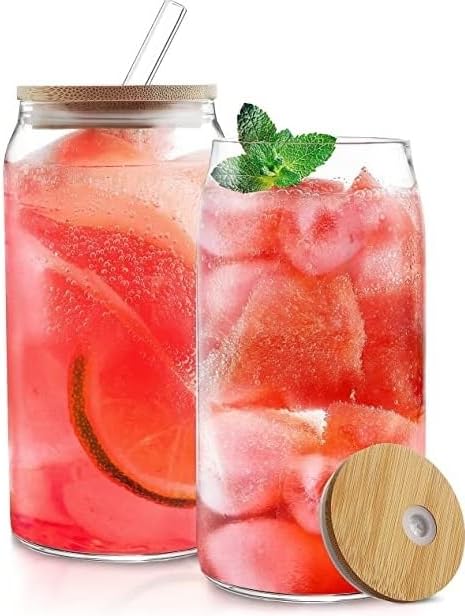 KELVEE Beer Can Shaped Tumbler with Glass Straw and bamboo Lid 540ml, Iced Coffee & Tea Cups for Straw and Direct Drinking Mouth Dual Use, Summer Travel Bottle Pack of 1 (Beer Can With Bamboo Lid - 1)